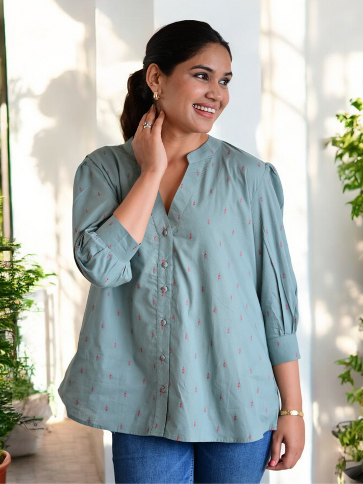 Green Elegance A Butta Shirt, green shirts, cotton butta shirts, shirts for women
