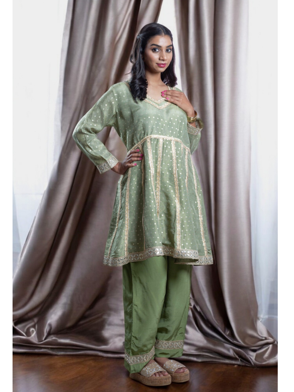 Graceful Embroidered Kurti Set, chanderi silk co ord set, olive green co ord set, party wear co ord
