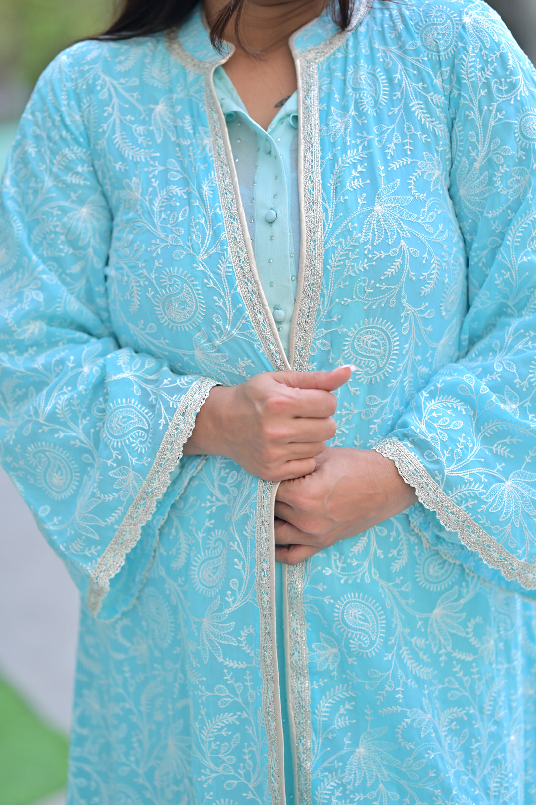 Skyline Embroidered Overlay Shrug, blue shrug, jacket, georgette shrug
