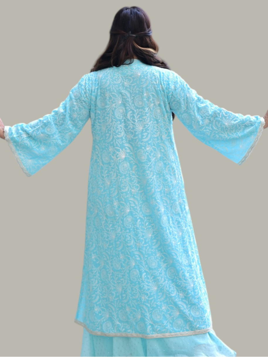 Skyline Embroidered Overlay Shrug, blue shrug, jacket, georgette shrug