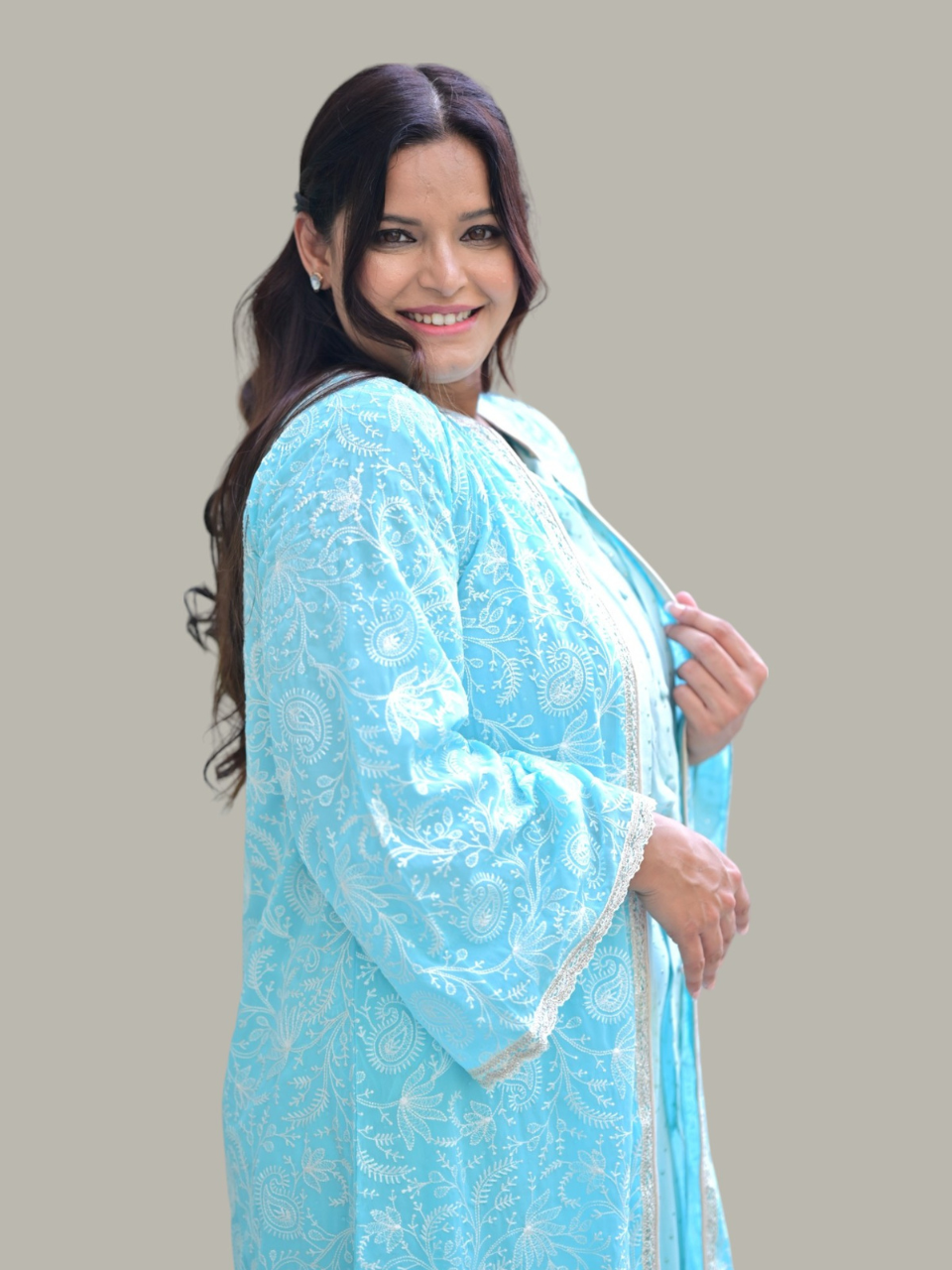 Skyline Embroidered Overlay Shrug, blue shrug, jacket, georgette shrug
