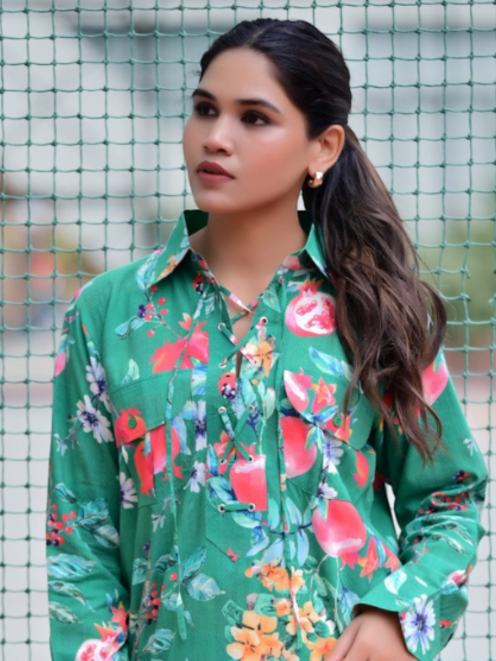 Serene Crisscross A Lace Shirt, viscose shirts, printed shirts, green shirts