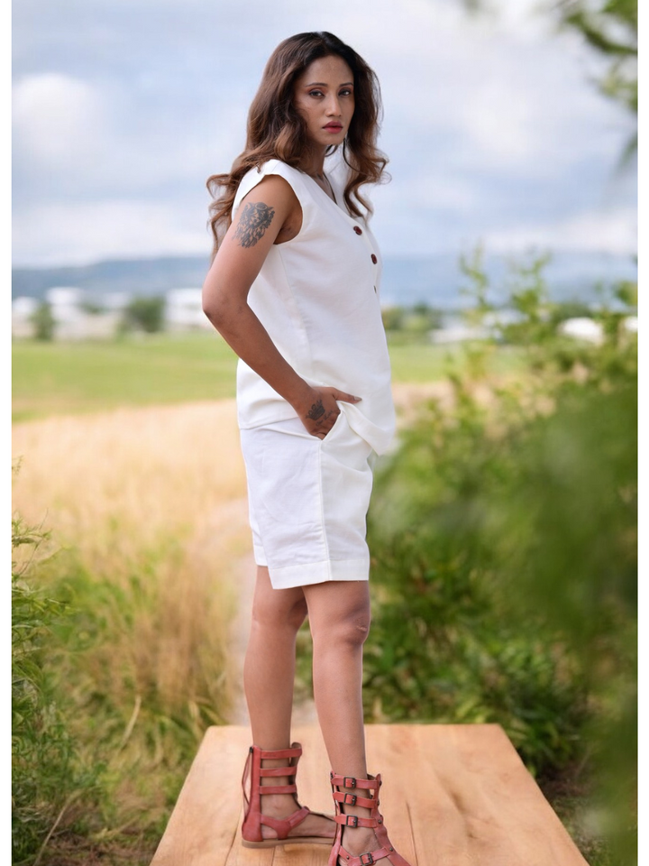 White Linen A Shorts Jacket Set