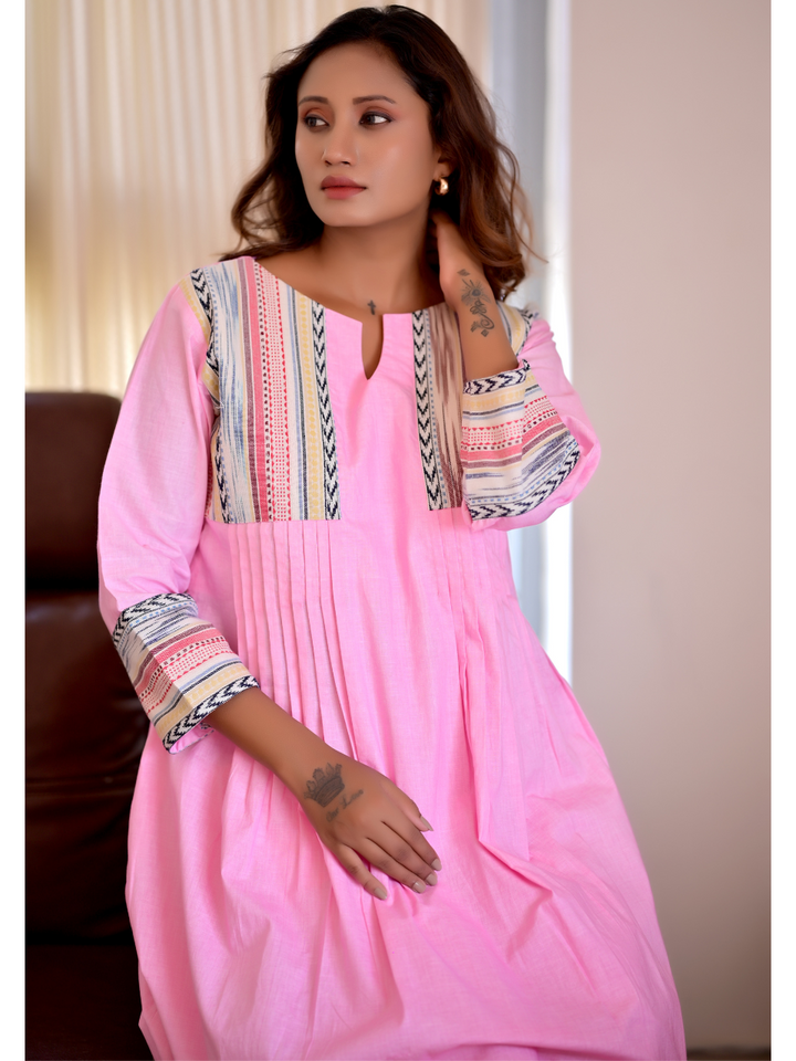 Pink Handloom Kurti Set, two piece outfits for women, cotton co ord set, pink co cord set