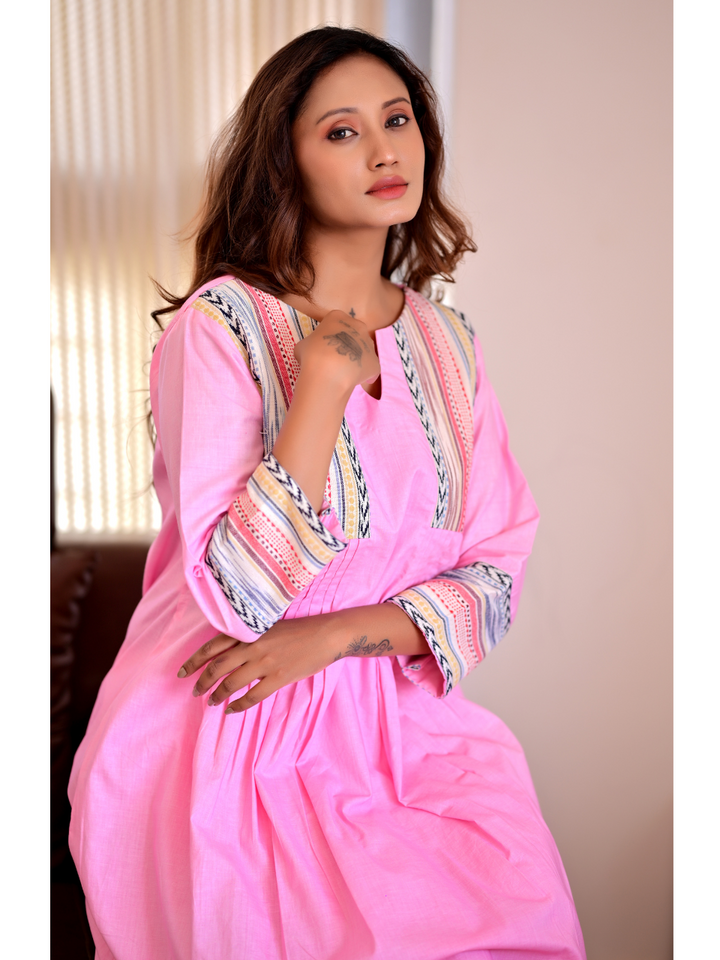 Pink Handloom Kurti Set, two piece outfits for women, cotton co ord set, pink co cord set