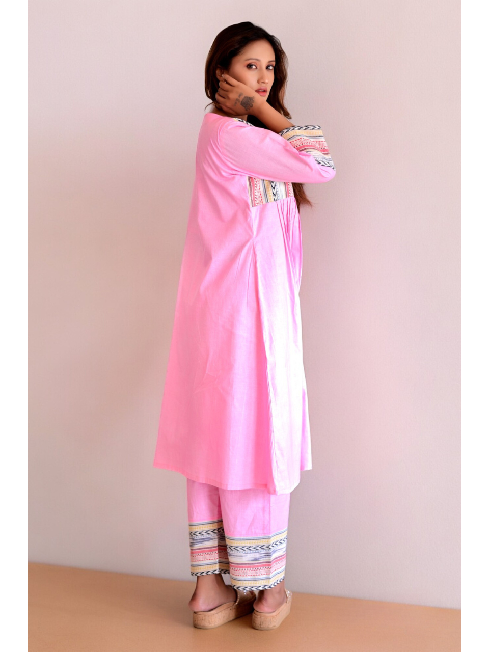 Pink Handloom Kurti Set, two piece outfits for women, cotton co ord set, pink co cord set