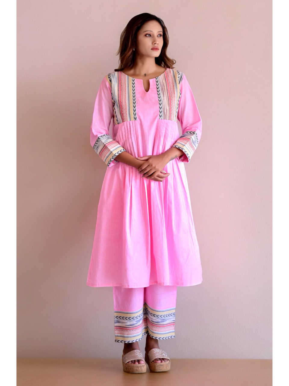 Pink Handloom Kurti Set, two piece outfits for women, cotton co ord set, pink co cord set