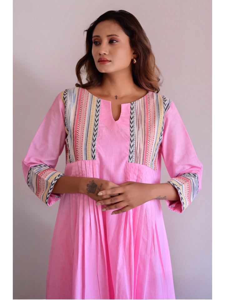 Pink Handloom Kurti Set, two piece outfits for women, cotton co ord set, pink co cord set