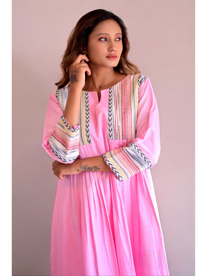 Pink Handloom Kurti Set, two piece outfits for women, cotton co ord set, pink co cord set