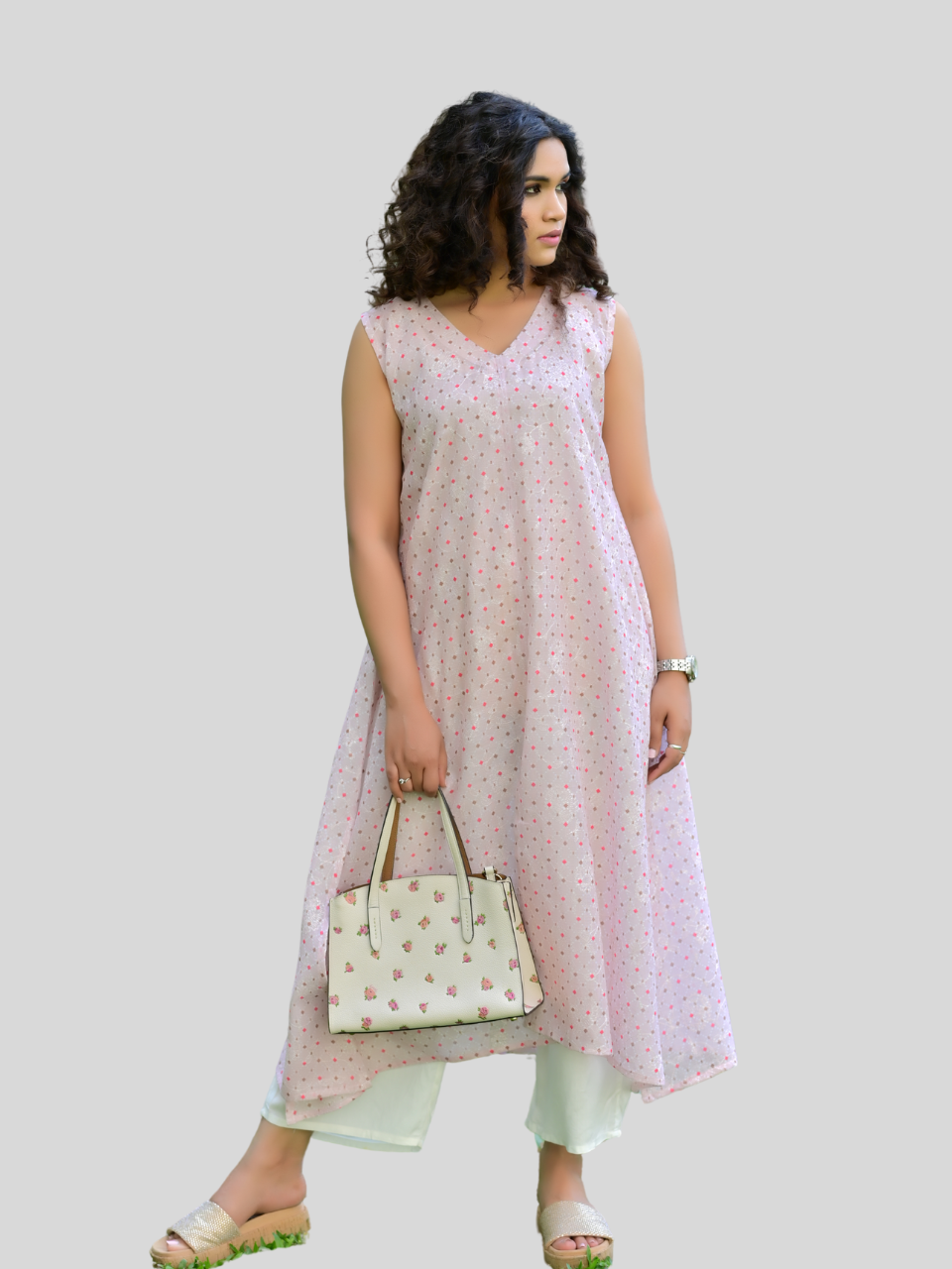 Pink Long Chanderi Kurti   40% Off 