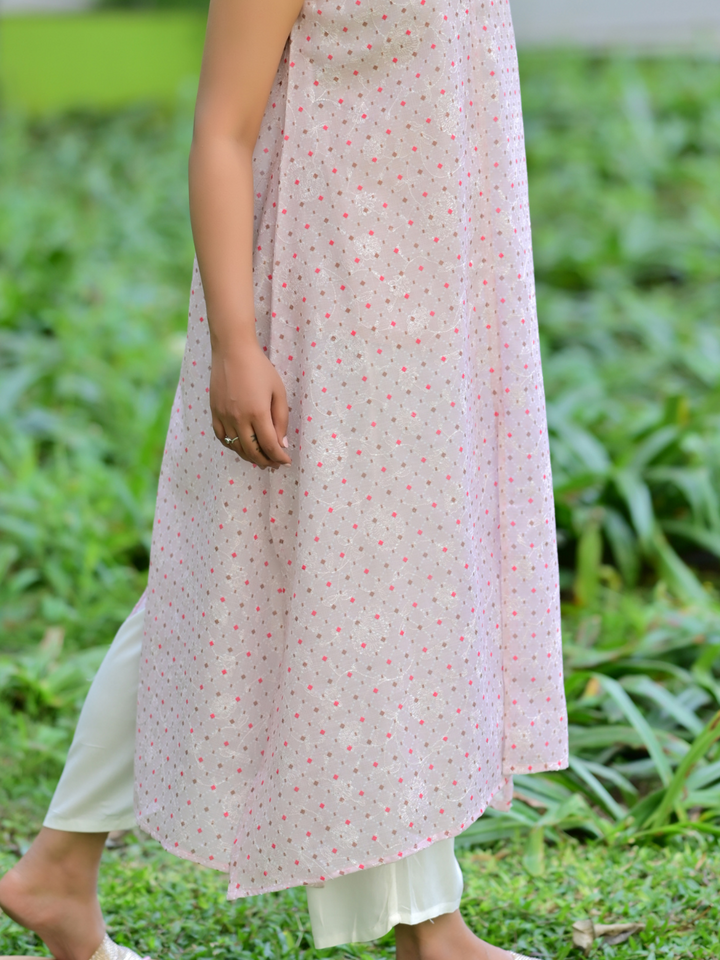 Pink Long Chanderi Kurti   40% Off 