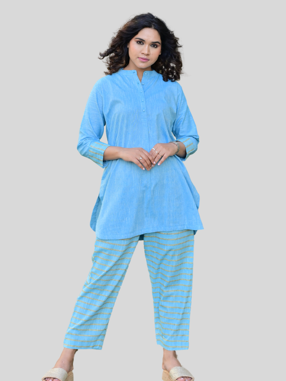 Blue Cotton Linen Co-Ord Set