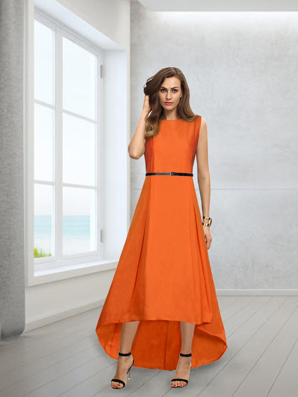 Fancy Orange Shoulder Strap Summer Maxi Dress for Women - 109F.com